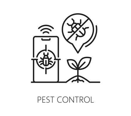 Smart farm icon, agriculture robot technology for pest control, vector line symbol. Smart farm icon of pest control for farmer harvest plants, agronomy and agrarian farming with digital automationのイラスト素材