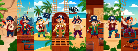 Cartoon kid pirate and corsair characters collage. Cheerful girls and boys kid pirate captain, sailor vector personages reading treasure map, waving Jolly Roger, playing with parrot and steering shipのイラスト素材