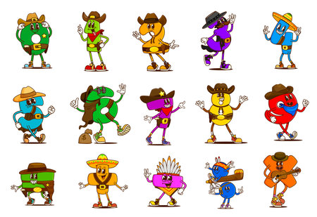 Cartoon groovy math number cowboy and bandit characters, retro Western and mathematics education vector personages. Psychedelic groovy number Wild West cowboy, sheriff, old american bandit and indianのイラスト素材