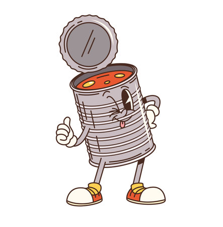 Cartoon groovy travel tin can character. Bean soup tin can funny hippie vector mascot. Canned vegetables food, travel outdoor cooking conserve ribbed can hippie vector personage or groovy characterのイラスト素材