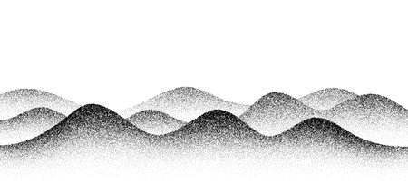 Mountains noise grain landscape, halftone hills, abstract pointillism effect. Vector black and white noisy wavy texture, gradually transitioning in density to form the shape of rolling hills and peaksのイラスト素材