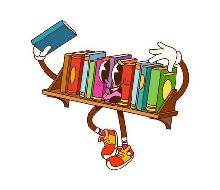 Cartoon groovy bookshelf, furniture character. Library, bookstore or office interior shelf with books funky groovy personage, isolated vector mascot. School or home furniture bookshelf retro characterのイラスト素材