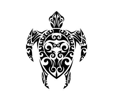 Maori tribal turtle reptile animal tattoo with Polynesian or Hawaiian pattern ornament vector art. Celtic or Maori tribal tattoo of sea turtle with symmetric intricate lines ornamentのイラスト素材