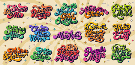 Groovy hippie script quote. Vector retro typographic set with lettering phrases in vibrant colors and shadows. Fun hippie y2k quotes and funky slogans on psychedelic background with stars and curvesのイラスト素材