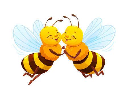 Cartoon honey bee characters couple flying with smiling faces, holding hands and closed eyes. Cute vector flying adorable insect pair in love, exudes spring mood, friendship or romantic vibesのイラスト素材