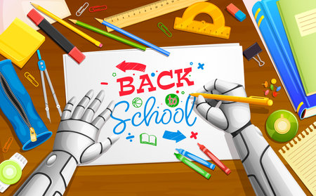 Robot writes back to school on the paper on wooden desk with supplies, symbolizes creativity, technology, innovation, preparation for education. Cartoon vector futuristic educational scene with cyborgのイラスト素材