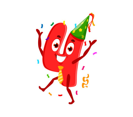 Birthday holiday celebration, cartoon math number or digit vector character. Funny number 4 Four in birthday cap and confetti with happy face celebrating party for mathematic number characterのイラスト素材