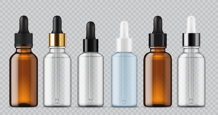 Realistic cosmetic glass bottle mockup with dropper standing in a row. 3d vector set of transparent and amber glass pipette vials for skincare, serum, medicine solutions and oil packaging presentationのイラスト素材