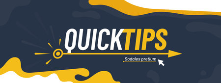 Quick Tips banner featuring yellow and white typography. Vector dark background with an arrow cursor and abstract shapes to convey guidance and direction, advice or insight deliveryのイラスト素材