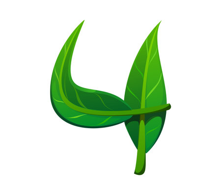 Nature green leaf font digit 4 four. Nature tree foliage alphabet typeface figure, environment plant cartoon isolated vector type numeral symbol. Clean ecology ABC font digit or math typeface numberのイラスト素材