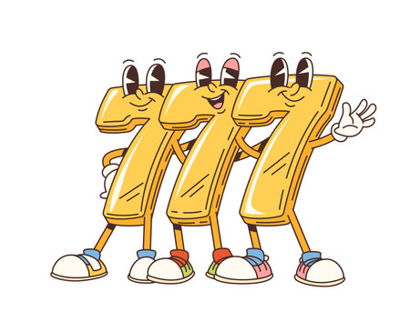 Groovy casino three seven signs characters. Las Vegas gambling jackpot win, casino roulette game luck and victory funky vector personages. Three golden seven cheerful characters standing togetherのイラスト素材