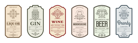 Alcohol label templates with vector line geometric pattern. Alcohol drink bottle labels set for wine, beer, gin and brandy, liquor and moonshine beverages with outline grapes and flowers ornamentsのイラスト素材