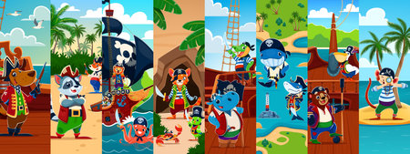 Cartoon animal pirate and corsair characters collage. Dog, raccoon, fox, hippo and octopus, whale, shark, beer and monkey corsairs captain, pirate sailor, skipper funny characters on ship and islandのイラスト素材