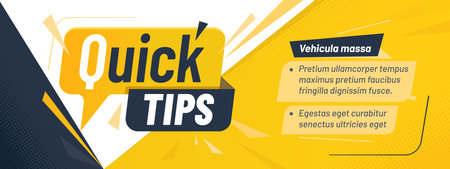 Quick tips banner. Vector yellow, white and black retro template with bold typography, dynamic shapes and informational clouds on half tone background for presentation, marketing or educational visualのイラスト素材