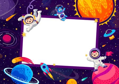 Birthday photo frame with space astronauts cartoon characters. Galaxy stars sky vector background with rocket and UFO spaceships, astronaut and alien personages. Space birthday party photo frameのイラスト素材