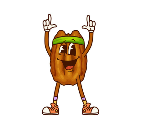 Cartoon groovy walnut seed character with funny face, vector comic nut emoji. Groovy walnut seed with happy smile in good mood vibes with fitness sport headband and cool gesture for cartoon characterのイラスト素材