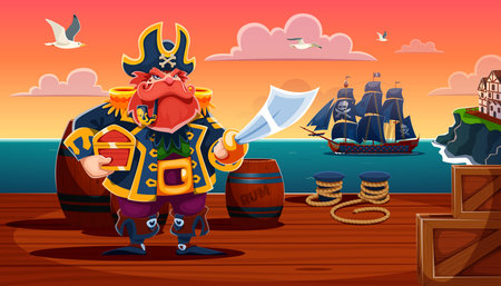 Pirate captain character on the old pier in the port holding sword and treasure chest. Cartoon vector scene with corsair, sea sunset, pirate ship with skull sails, barrels, rope and island with houseのイラスト素材