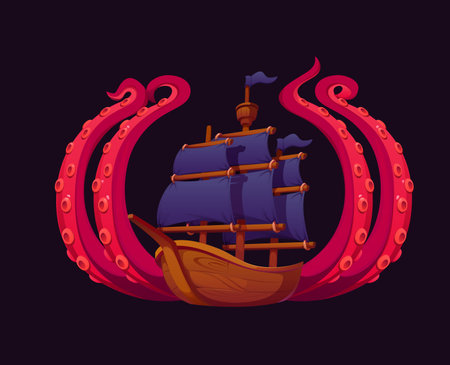 Heraldic octopus tentacles with pirate sail ship with black sails encircled by giant red kraken tentacles. Cartoon vector nautical emblem evokes a mythical sea battle in fantasy and nautical loreのイラスト素材