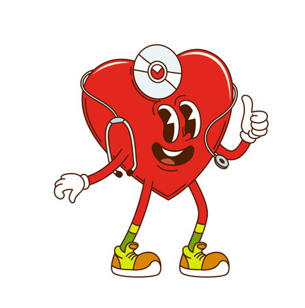 Groovy heart character. Cardiology clinic, healthcare and medicine cartoon groovy cheerful character. Happy smiling healthy heart with stethoscope 60s 70s isolated cute personage showing thumbs upのイラスト素材