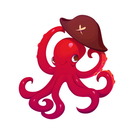 Cartoon octopus medieval pirate and corsair character. Isolated vector funny captain and sailor kraken holding cocked hat in its tentacles, ready for nautical swashbuckling adventure on the high seasのイラスト素材