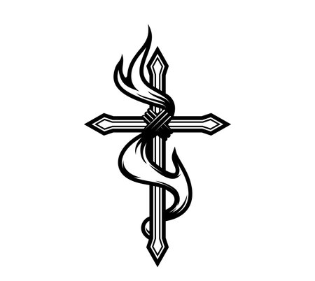 Christianity cross tattoo with fire flame. Vector black and white spiritual gothic sign representing faith and strength, protection and power blending holy spiritual and religious elementsのイラスト素材