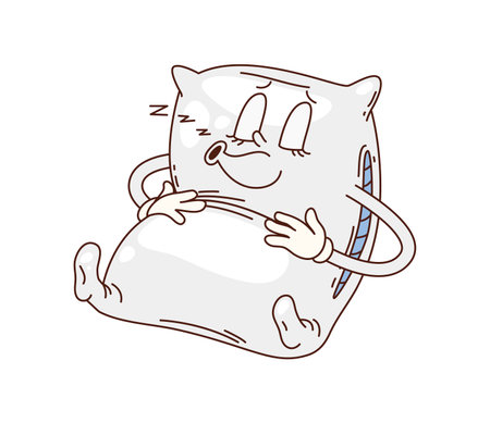 Cartoon groovy sleeping pillow, furniture character. Napping, dreaming and snoring rectangular pillow with white pillowcase funny personage or mascot. Home bedroom furniture isolated groovy characterのイラスト素材