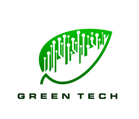 Green tech icon, smart digital farm and eco green energy technology. Renewable energy innovation, biotechnology and eco agriculture tech startup icon or symbol with green leaf, computer circle traceのイラスト素材
