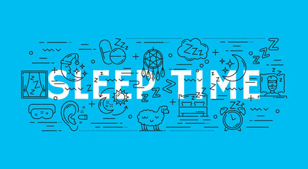 Sleep line icons of bed, night dream, pillow and moon. Vector sleep, nap and rest symbols set of outline sheep, stars, comfort mattress and alarm clock, zzz, dream catcher, pills and sleeping maskのイラスト素材