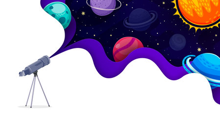 Telescope with paper cut space landscape and alien galaxy planets. Cartoon vector telescope standing on tripod projecting outer space with stars and sun and solar system planets in wavy cutout frameのイラスト素材