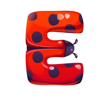 Ladybug cartoon font letter E. Red insect typeface sign, spring lady bug cartoon vector kids ABC type letter. Cute ladybird font element or English alphabet typeset symbolのイラスト素材
