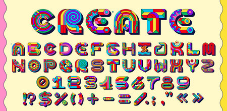 Funky groovy font, hippie typeface, color letters type, geometric English alphabet, abc numbers and...
