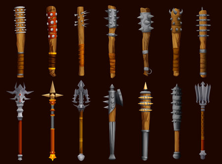 Fantasy medieval club weapon game asset. Fairytale hammer, ancient bludgeon weapon RPG game inventory vector item. Magical war hatchet, fantasy wooden club with metal spikes and blades GUI iconsのイラスト素材