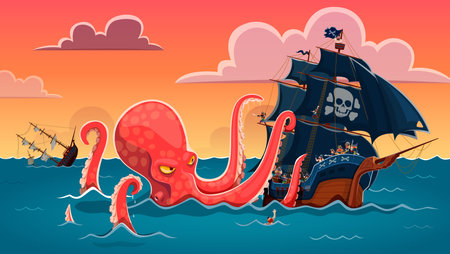 Big kraken octopus wreck the pirate ship vector background. Scary sea monster or giant kraken octopus animal cartoon character attacking corsair sailboat with huge tentacles. Pirate adventure gameのイラスト素材