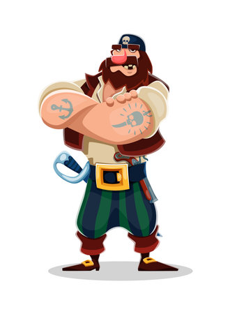 Cartoon pirate and corsair character, giant sailor with tattoos and sword. Isolated vector nautical fantasy personage has fierce expression, crossed arms and bold stance, ready for maritime adventureのイラスト素材