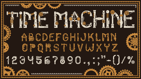 Mechanic steampunk font, gear type, retro machine English typeface alphabet. Vector retro industrial abc letters, symbols and numbers with mechanical gears. Machine fantasy typography with detailsのイラスト素材