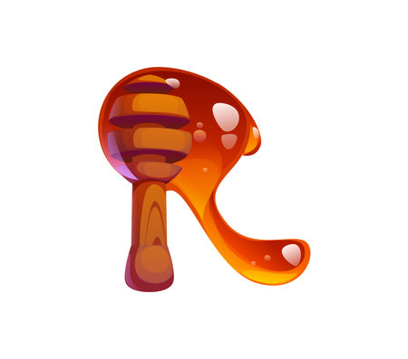 Honey font typeset, dipper letter R. Apiary farming English alphabet type letter, sweet honey harvest vector font sign. Beekeeping farm typeset symbol or honey bee agriculture kids ABC elementのイラスト素材