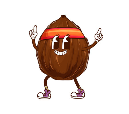 Cartoon groovy coconut doing fitness character. Healthy nutrition and vegan diet tropical fruit and nut funny groovy isolate vector character. Whole coconut cheerful personage in fitness headbandのイラスト素材