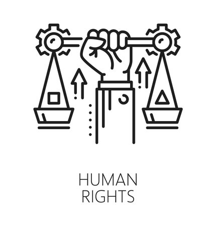 Human rights ESG line icon or sign. Company social integrity linear vector icon, business employees rights, ESG pictogram. Corporate environment governance sign with human hand holding justice scalesのイラスト素材