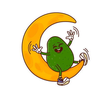 Cartoon groovy avocado character sitting on moon. Laughing, sitting and balancing on moon crescent whole avocado isolated funny groovy vector character. Tropical fruit cheerful mascot or personageのイラスト素材