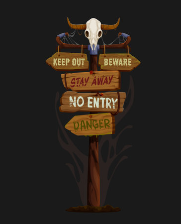 Scary terrible Halloween sign board with skull on wooden signboard, vector signage pole. Halloween horror holiday signboard or signpost board with direction warning signs of danger and keep outのイラスト素材