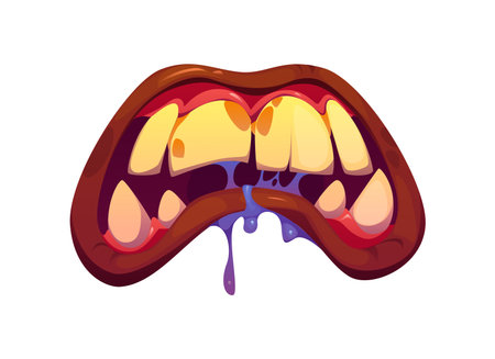 Halloween scary and creepy drool monster grin jaw. Goblin ugly roaring teethe maw isolated cartoon vector, beast scary open mouth with dripping purple saliva or Halloween monster jaw sharp fangsのイラスト素材