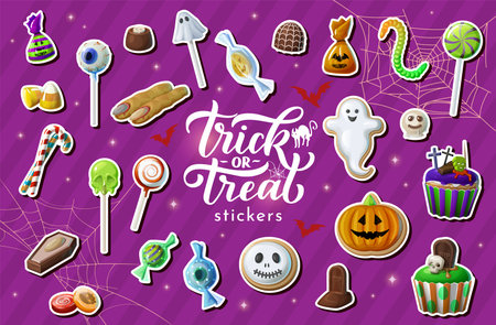 Halloween sweets stickers pack. Vector set of patches featuring assortment of spooky sweet desserts include candy canes, ghost, pumpkin, eyeballs, worms and gory treats for the trick or treat seasonのイラスト素材