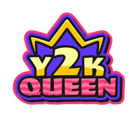 Queen Y2K groovy retro sticker, cool print. Comic Y2K label or vector 80s patch. Retro funky sticker or vintage funny tag with golden crown and vibrant colors typography textのイラスト素材