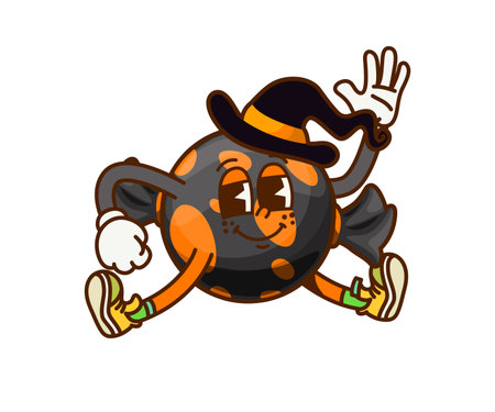 Cartoon groovy Halloween candy character. Vector cute sweet toffee in black wrap with orange dots and witch hat. Dessert, caramel snack for kids trick or treat party. Holiday confectionery personageのイラスト素材