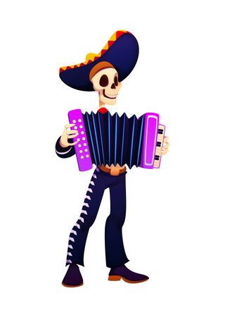 Cheerful Day of the dead skeleton mariachi musician holiday character. Cartoon vector dia de los Mexican personage wearing a traditional charro outfit and a large sombrero, playing a vibrant accordionのイラスト素材