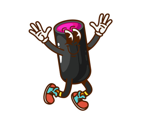 Cartoon Halloween liquorice sweets and candy character happily jumping. Vector funny dessert for kids trick or treat party. Confectionery with smiling face and pink filling, patisserie retro personageのイラスト素材