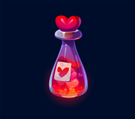 Witch magic potion bottle, Halloween love elixir. Witch mystic potion flask RPG game vector interface asset, Halloween mobile game UI icon of fantasy love elixir bottle with heart cork and red liquidのイラスト素材