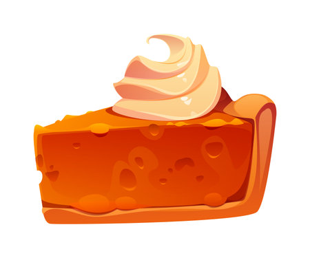 Cartoon pumpkin pie slice topped with a swirl of whipped cream, showcasing a rich orange filling and golden crust. Vector seasonal dessert, festive treat for Happy Thanksgiving holiday celebrationsのイラスト素材