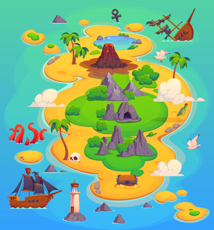 Pirate island with sea beach, corsair ships and treasure chest, vector game map. Cartoon Caribbean Sea island of pirate treasure with corsair sailboat shipwreck, palms and volcano, lighthouse, octopusのイラスト素材