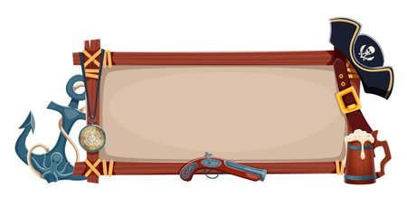 Pirate wooden signboard banner with ropes and old wood planks frame. Vector pirate game UI or corsair party sign board with cartoon black tricorn hat, vintage compass, anchor and gun, beer and beltのイラスト素材